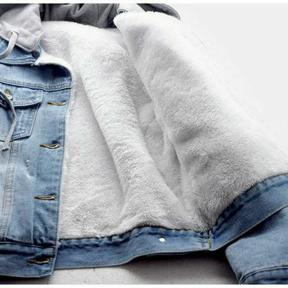 Retro Blue Fur Lined Jean Jacket with Hoodie