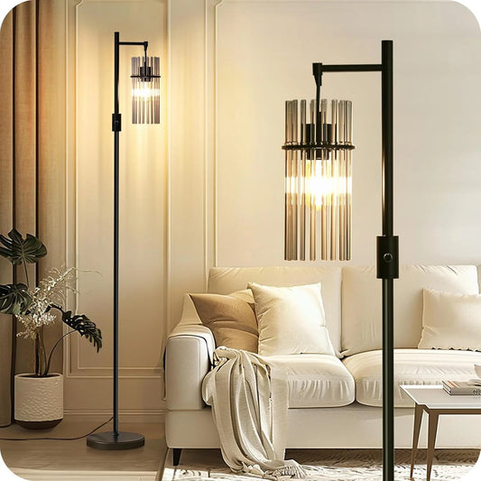 Industrial Style Black Floor Lamp with Dimmable Glass Shade for Living Room