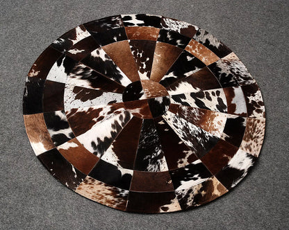 Tricolor Round Cowhide Patchwork Rug