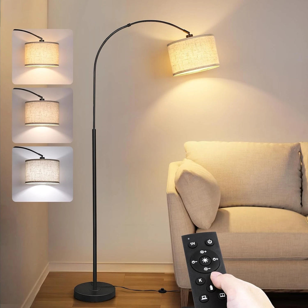 Modern Black Arc Floor Lamp Linen Shade For Living Room