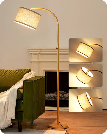 Modern Curved Gold Arc Floor Lamp with Linen Shade