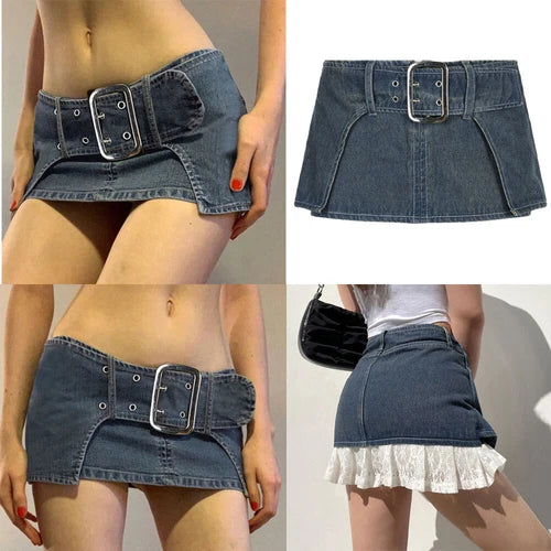 Mini denim skirt belted low waist