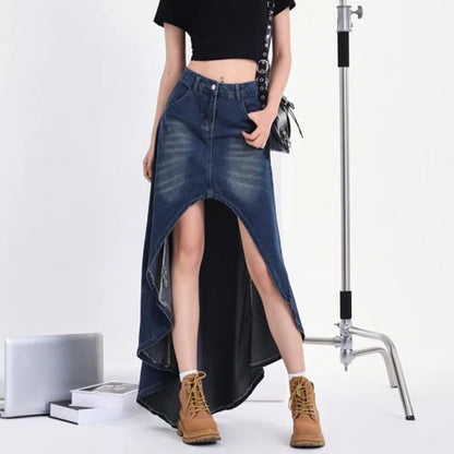 Long jeans skirt high waist asymmetrical hem design