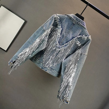 Women’s Loose Fit Cropped Jean Jacket with Tassel Details