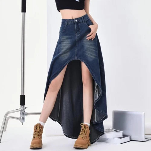 Long jeans skirt high waist asymmetrical hem design