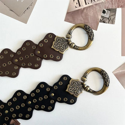 Women's retro rivets wide faux leather belt