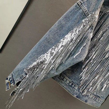 Women’s Loose Fit Cropped Jean Jacket with Tassel Details