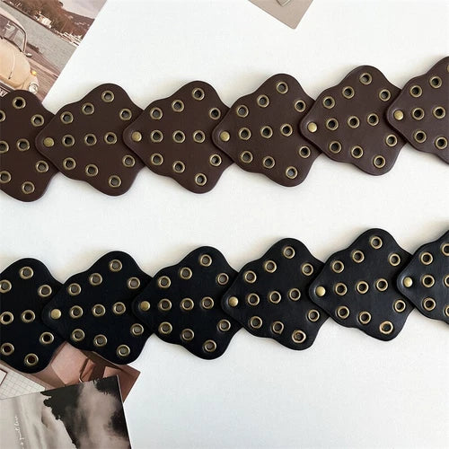 Women's retro rivets wide faux leather belt