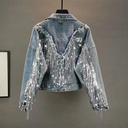 Women’s Loose Fit Cropped Jean Jacket with Tassel Details