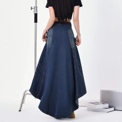 Long jeans skirt high waist asymmetrical hem design