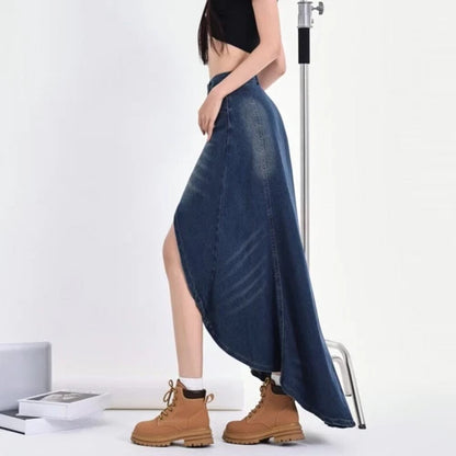 Long jeans skirt high waist asymmetrical hem design