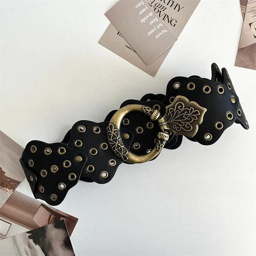Women's retro rivets wide faux leather belt