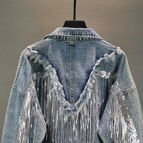 Women’s Loose Fit Cropped Jean Jacket with Tassel Details