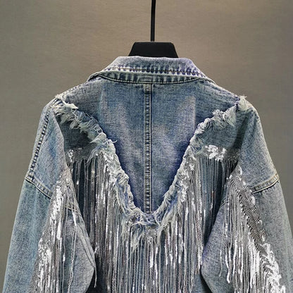 Women’s Loose Fit Cropped Jean Jacket with Tassel Details