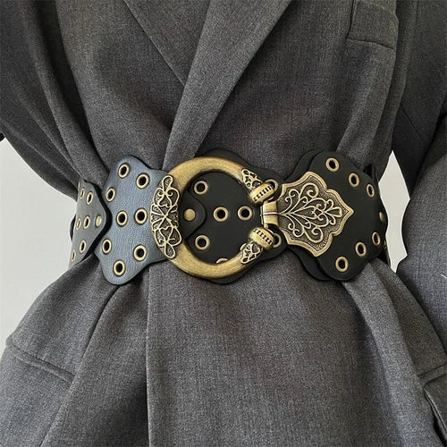 Women's retro rivets wide faux leather belt