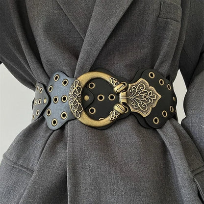 Women's retro rivets wide faux leather belt