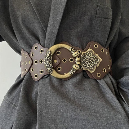 Women's retro rivets wide faux leather belt