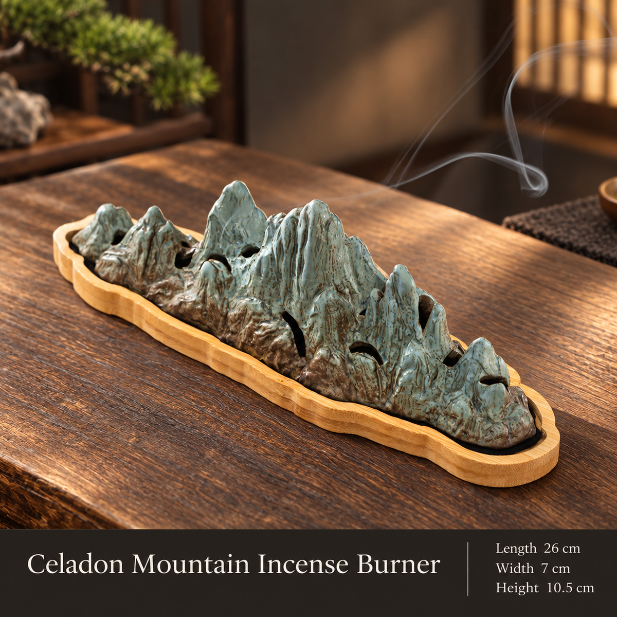 Mountain Incense Burner with Ceramic Landscape and Bamboo Base 2