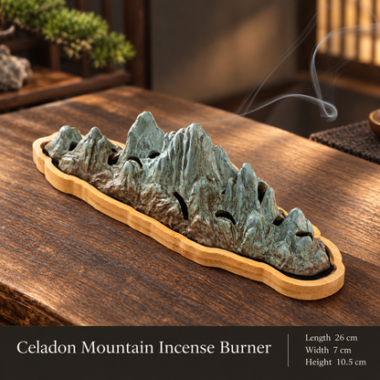 Mountain Incense Burner with Ceramic Landscape and Bamboo Base 2