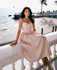 pink corset midi dress seaside vacation sleeveless flowy summer fit