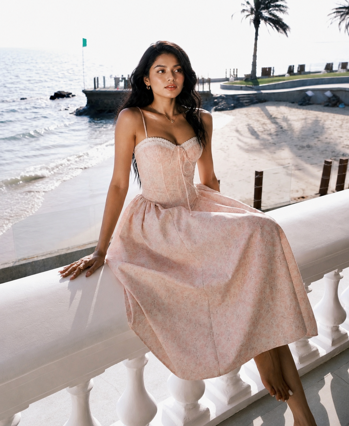 pink corset midi dress seaside vacation sleeveless flowy summer fit
