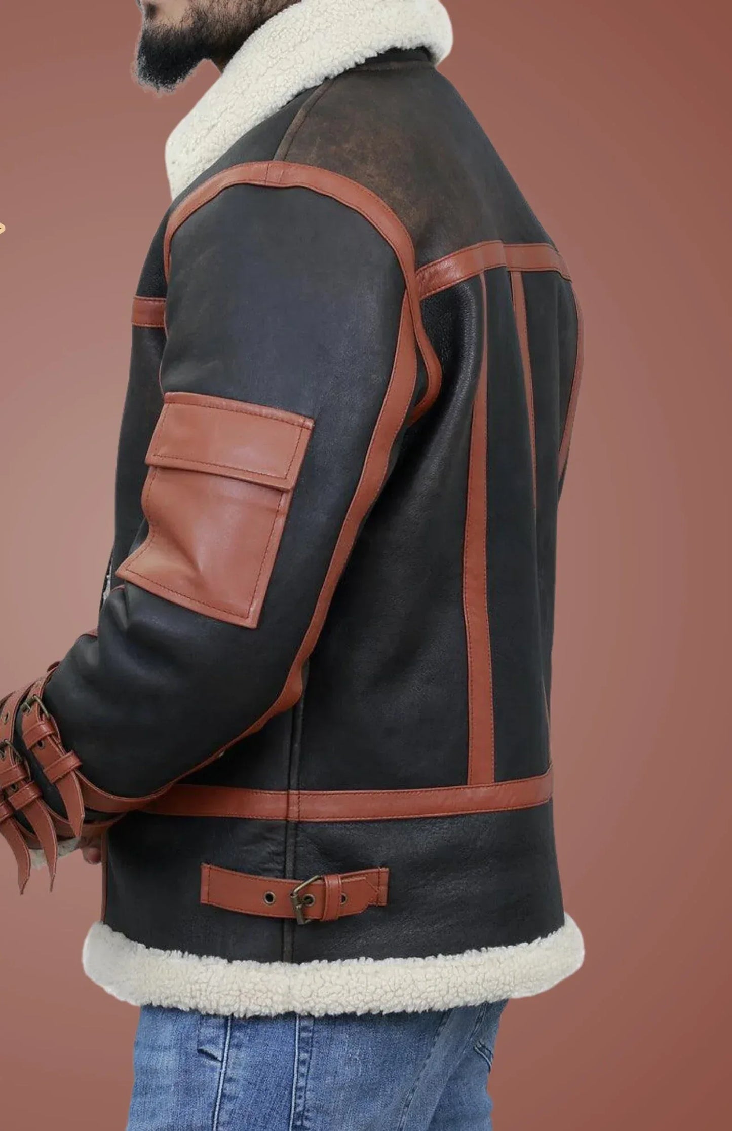 Mens Shearling Leather Jacket with Aviator Straps