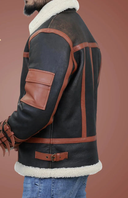 Mens Shearling Leather Jacket with Aviator Straps