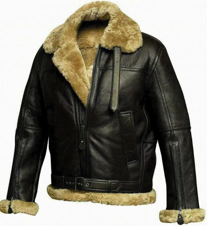 Leather jacket mens genuine shearling aviator coat