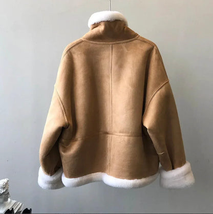 Women’s Camel Shearling Bomber Jacket With White Trim