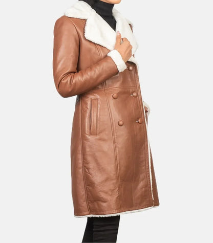 Womens Leather Long Coat Double Breasted Shearling Collar Jacket