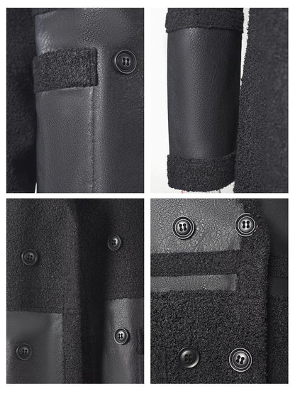 Faux Leather Coat Women Shearling Trim Mid Length Black