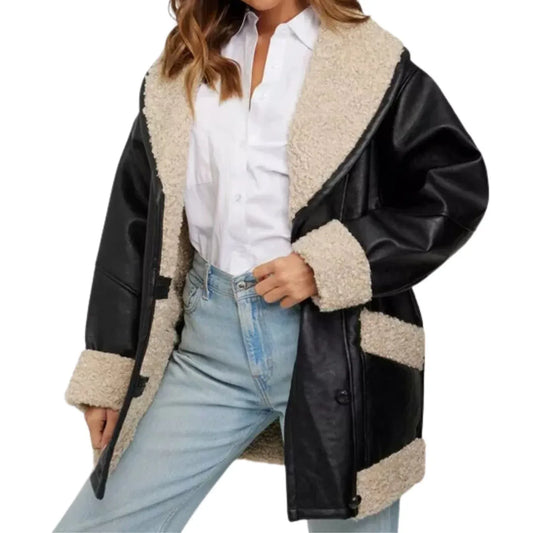 Shearling Leather Jacket Womens Black Oversized Sheepskin Coat