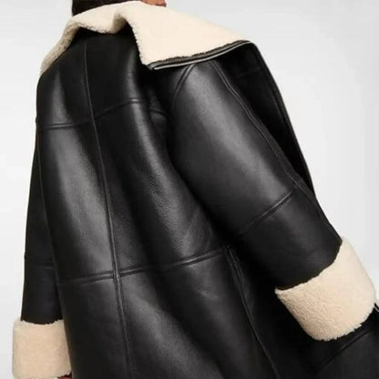 Leather Fur Trench Coat Womens Black Shearling Long Coat