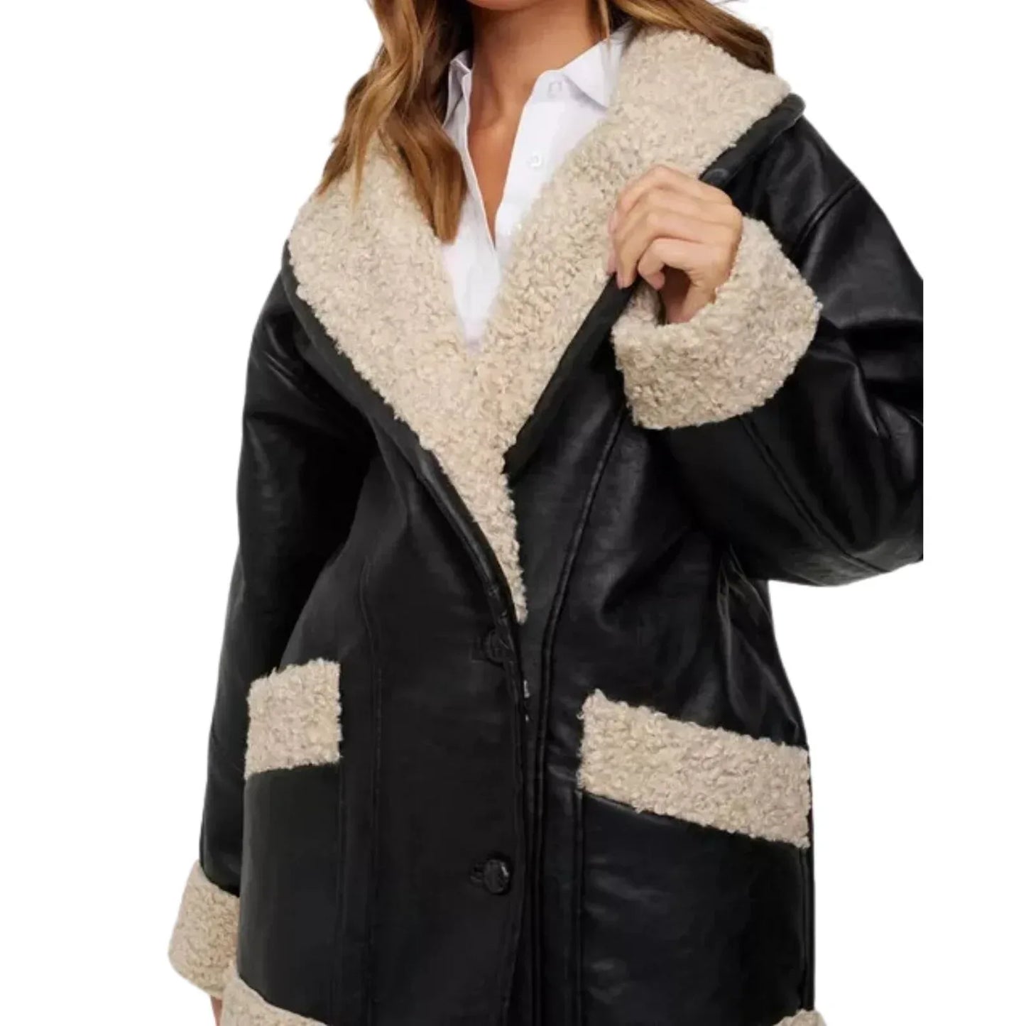 Shearling Leather Jacket Womens Black Oversized Sheepskin Coat