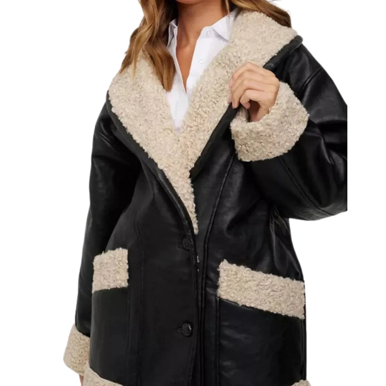 Shearling Leather Jacket Womens Black Oversized Sheepskin Coat