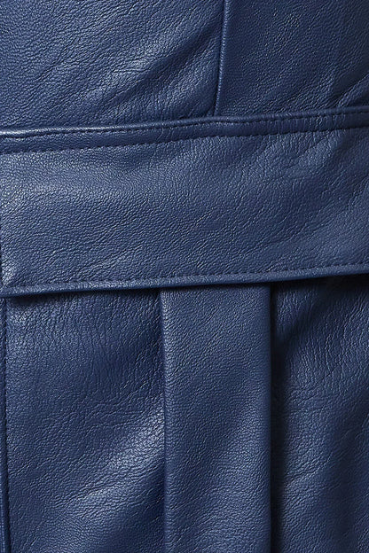 women genuine leather pants sheepskin cargo high waist blue