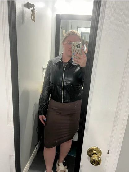 Cropped Faux Leather Jacket Women Black Casual Short Fit