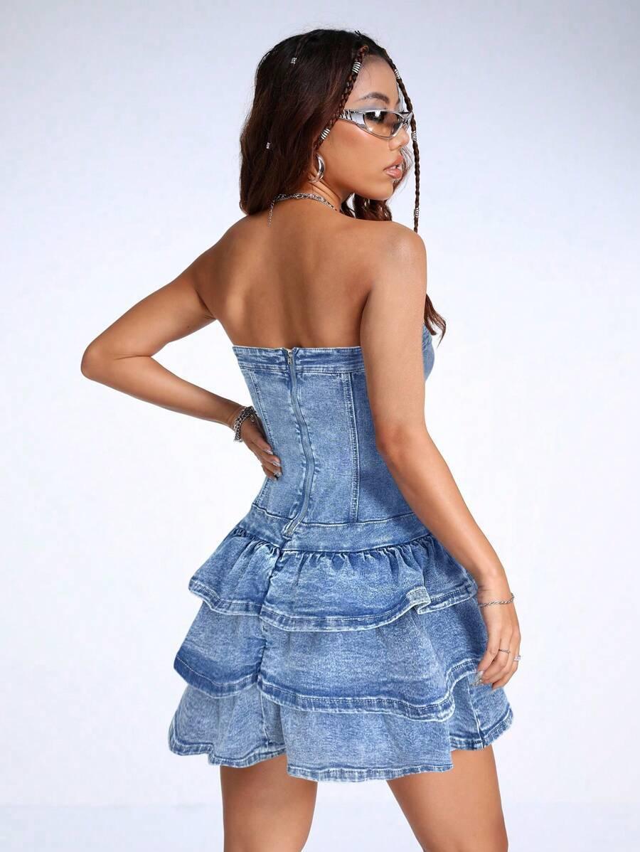 mini denim dress women strapless ruffle short