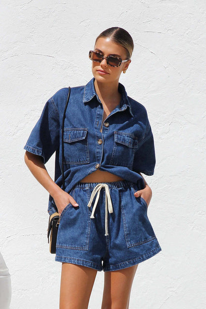 Women’s Denim Two Piece Short Sleeve Shirt and Shorts Set