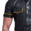 black short sleeve leather shirt mens yellow piping
