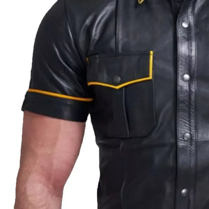 black short sleeve leather shirt mens yellow piping