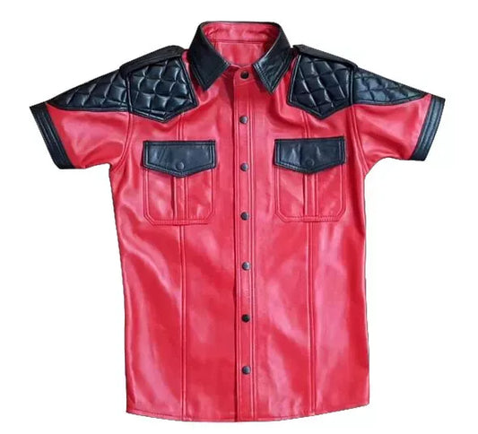 short sleeve leather shirt mens red black quilted button up