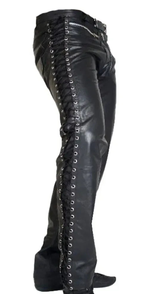 leather pants mens side lace up biker style with slim fit structure