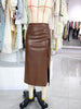 Brown Faux Leather Midi Skirt with Side Slit