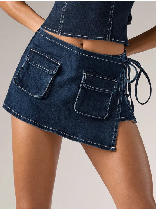 Denim Mini Skirt Side Slit Tie-Up