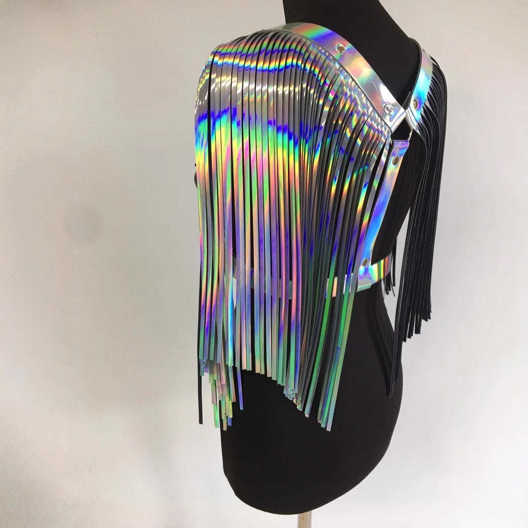 Holographic fringe shoulder harness festival rave tassel belt 2