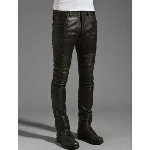 Men’s real leather skinny fit biker pants Motorcycle