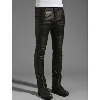 Men’s real leather skinny fit biker pants Motorcycle