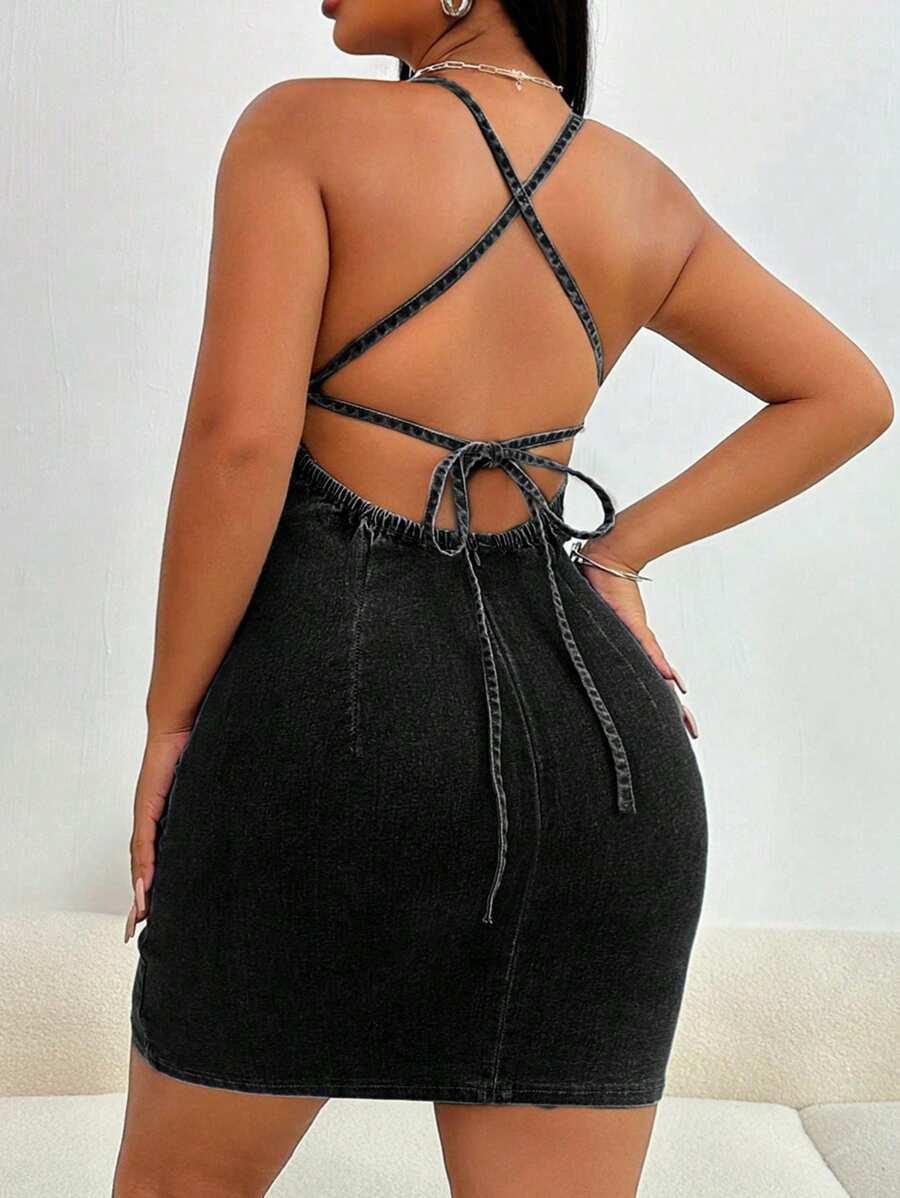 mini denim dress sleeveless skin fit bodycon open back outfit women