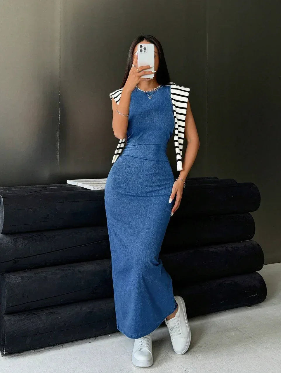 Denim Boho Sleeveless Maxi Denim Dress